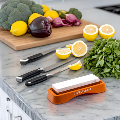 Knife Sharpening Stone 2 Sided 240/800 Grit Sharpener Waterstone,Professional Kitchen Whetstone with Orange Plastic Base,Non-slip Rubber and Angle Guide
