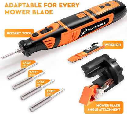 Sharp Pebble Cordless Lawn Mower Blade Sharpener – Adjustable 20°- 40° Angle Guide-Rotary Tool with Replaceable Sharpening Wheel Bits & Fast Rechargeable Battery – Effortless Precision for Lawn Care