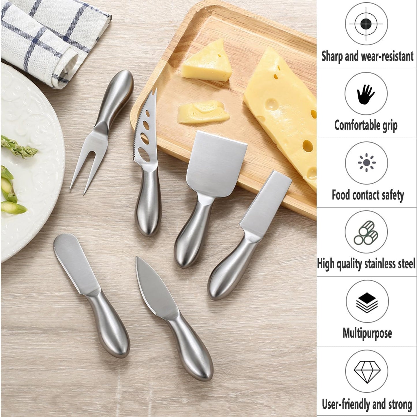 6-Piece Cheese Knife Set, Premium Stainless Steel Cheese Knives with Gift Box, Cheese and Charcuterie Board Collection matching tools (cheese knife set of 6)
