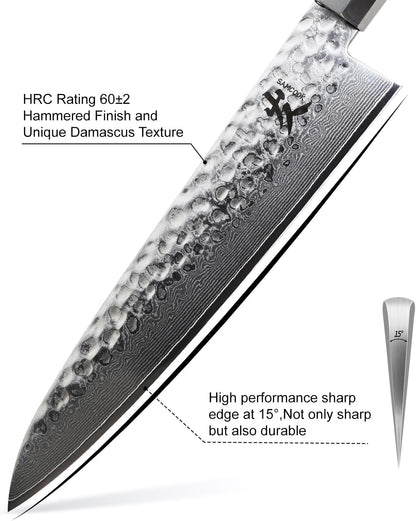 SAMCOOK Japanese Chef Knife - 8 Inch Professional Hammered Finish Damascus Gyuto Knife,VG10 Damascus High Carbon Steel Kitchen Cooking knife,Ergonomic Octagonal Ebony Handle with Gift Box