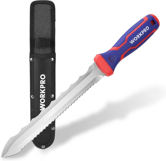 WORKPRO 8-Inch Insulation Knife with Sheath, Stainless Steel Blade Insulation Cutter, Double Side Serrated Sharp Duct Knife for Cutting Heat Material Foam, RockWool, Styrofoam, Sod Cutter Garden Knife for Lawn Repair