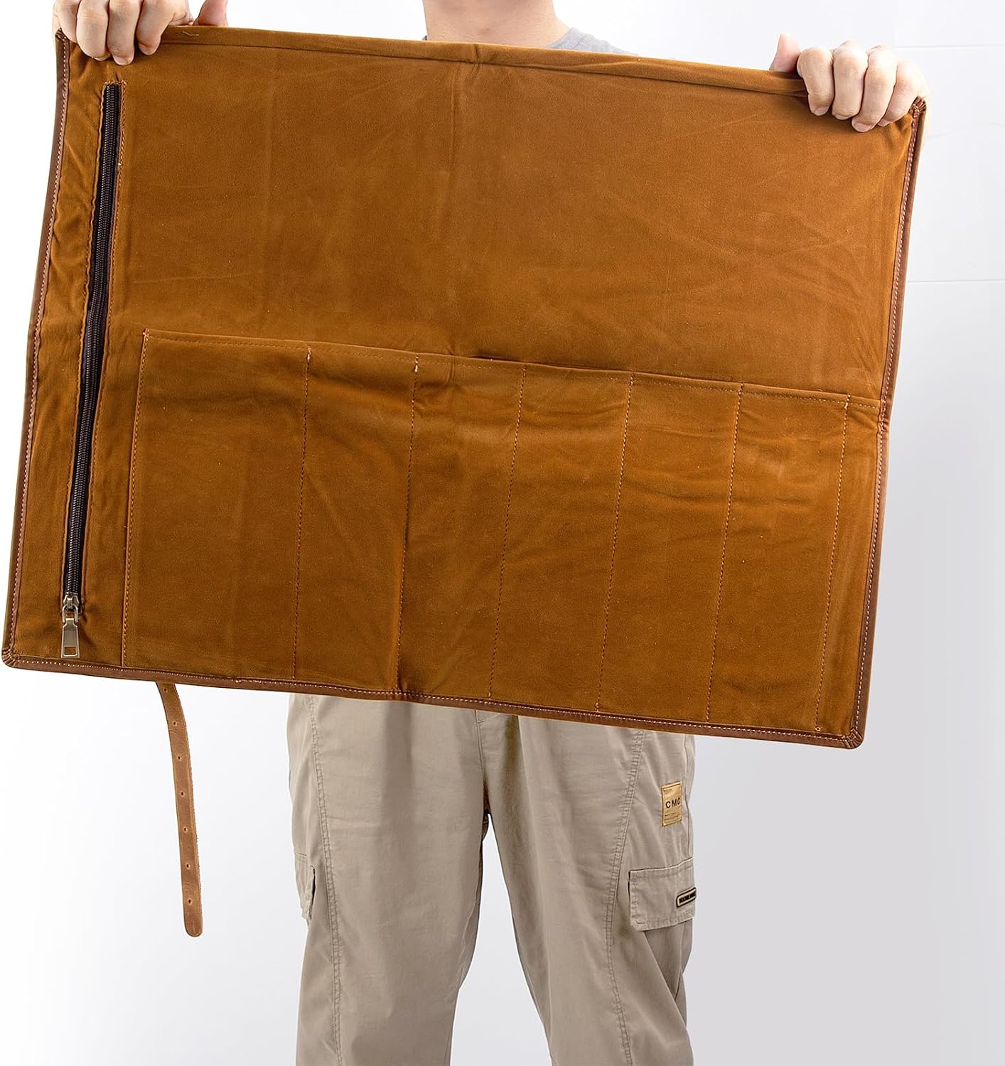 Leather Chef Knife Roll Bag, Knife Bags for Chefs Professional, Large Zippered Pouch & 7-Slot Professional Knife Roll, Chef Knives Storage Bag for Kitchen Tools Culinary Accessories (brown)