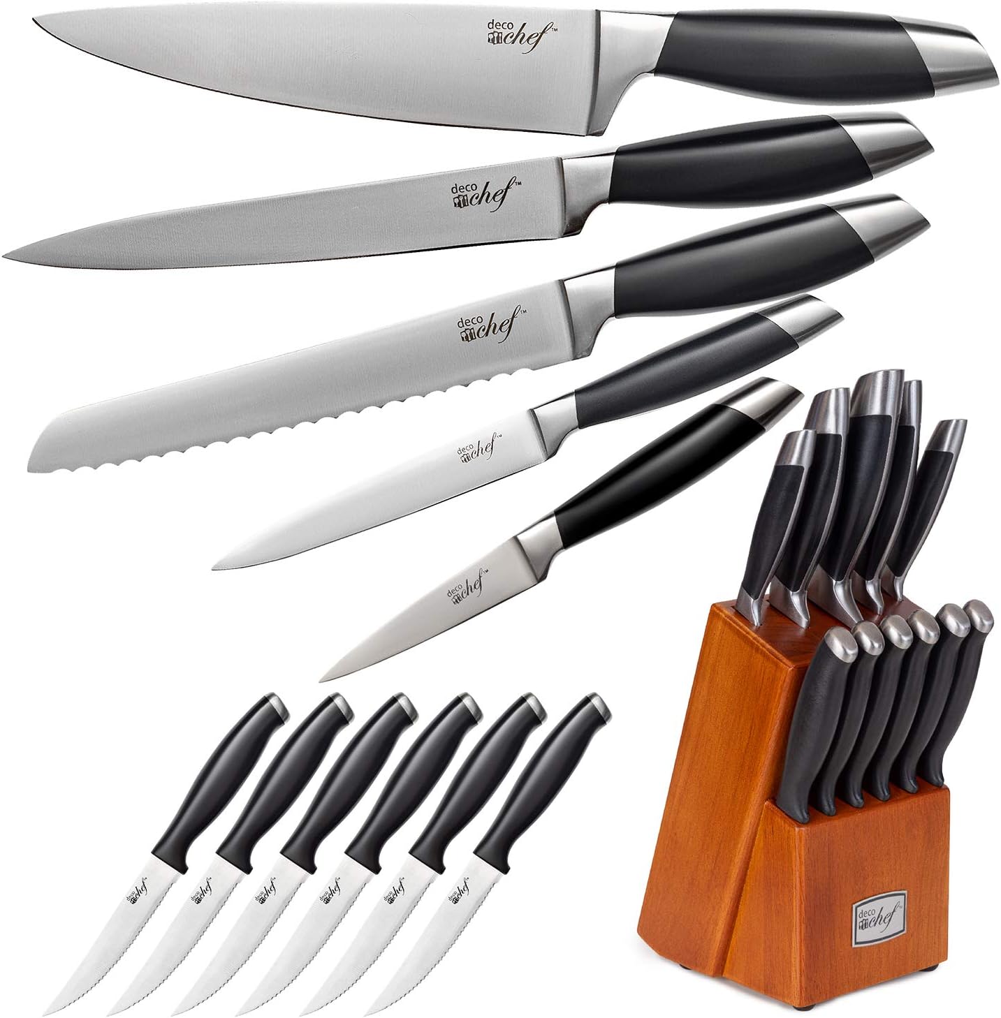 Deco Chef 16 Piece Kitchen Knife Set Stainless Steel with Wood Handles, 8" Chef, 6.5" Cleaver, 8" Bread, 8" Slicing, 4.5" Paring, 6pcs Steak Knives, Kitchen Shears, and more