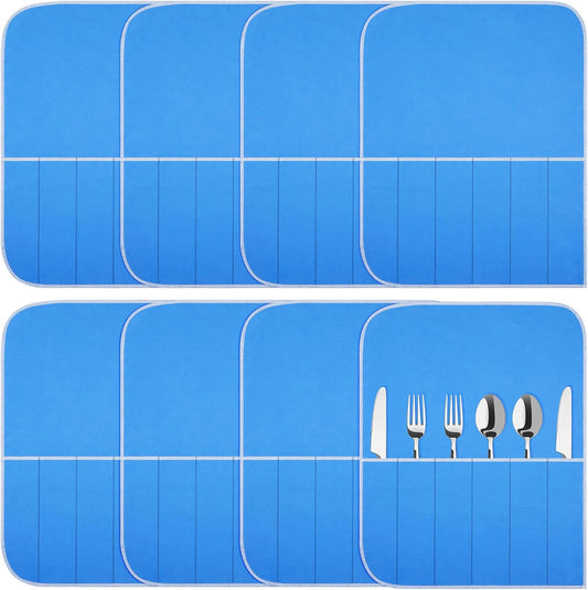 Weewooday Silver Storage Bags Anti Tarnish Silver Protector Bags Blue Holder for Silverware Flatware Storage Organizer Cloth Place Setting Roll with White Ribbon for Teaspoon Utensils(4 Pieces)