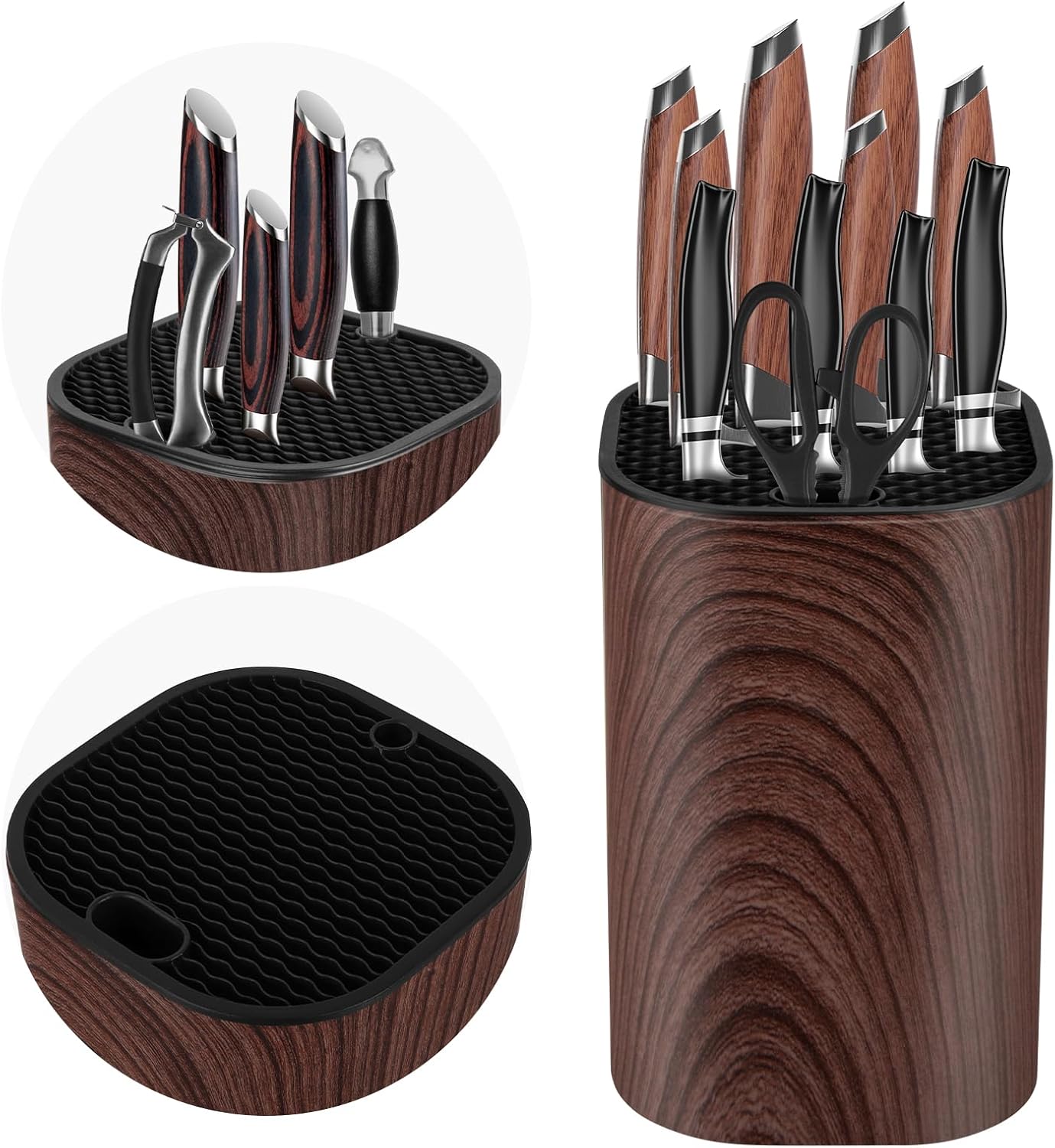 Ninonly Black Knife Block Without Knives 3 in 1 Universal Square Knife Holder Without Knives with Scissors Slot and Sharpening Rod Detachable Kitchen Knife Holder for Easy Cleaning Space Saver