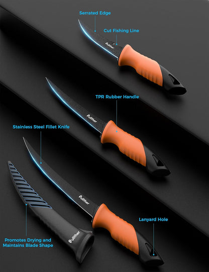 2 pcs Fillet Knife for fish,7 Inch Fillet Knives and 5 Inch Stainless Steel Fishing Bait Knife with Magnetic Protective Sheath,Fishing Gear Set with Non-Slip Handle