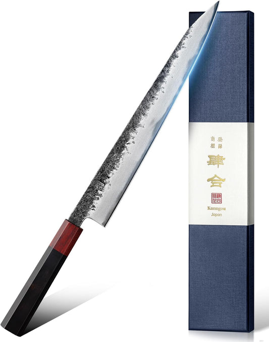 kanngou Sushi Knife 27cm Japanese Carving Knife, AUS-8 Steel Sujihiki Sashimi Knives for Fish Filleting and Meat Slicing, Double Edge Yanagiba Knives with Premium Gift Box