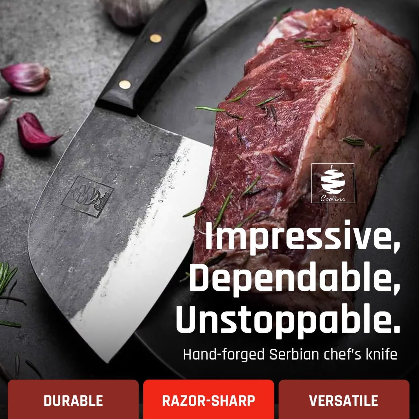 COOLINA Daozi 8" Butcher Knife, Hand-Forged High-Carbon Steel Cleaver for Heavy-Duty Meat Cutting, Slicing, Chopping, Brisket & BBQ, Full-Tang Forged Blade with Ergonomic Wood Handle