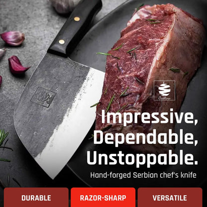 COOLINA Daozi 8" Butcher Knife, Hand-Forged High-Carbon Steel Cleaver for Heavy-Duty Meat Cutting, Slicing, Chopping, Brisket & BBQ, Full-Tang Forged Blade with Ergonomic Wood Handle