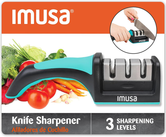 IMUSA Knife Sharpener – Kitchen Knife Sharpener with 3-Stage Stainless Steel Blade Sharpener Design – Easy to Use, Ergonomic Manual Knife Sharpening Kit with Non-Slip Base