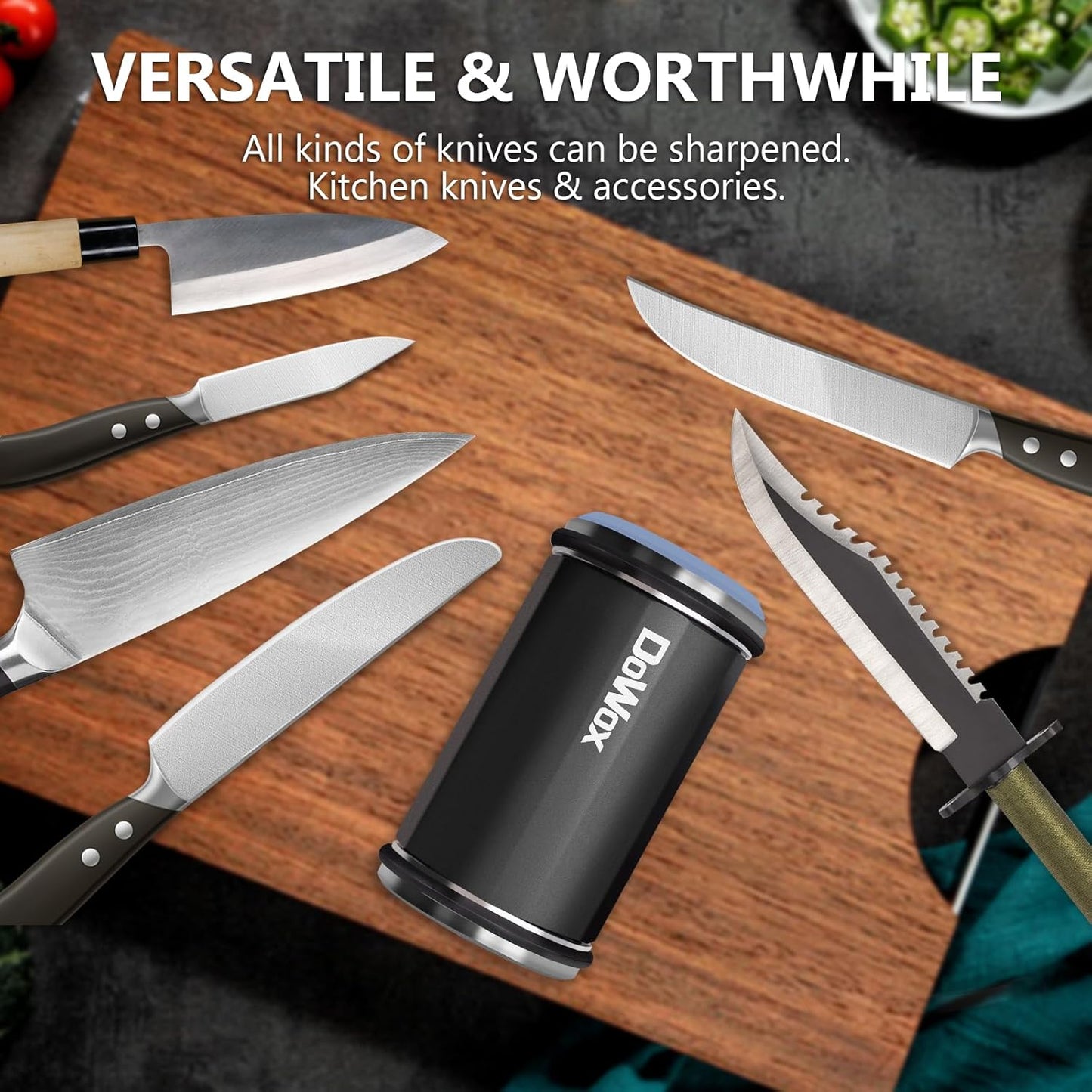 Knife Sharpener,Longer Rolling Knife Sharpener Kit,Diamond & Ceramic Knife Sharpening System with Leather Strop,4 Angle Guide, Replaceable Discs for All Kitchen Knives