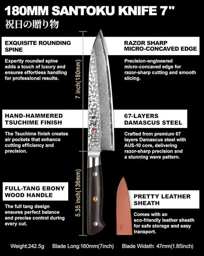 kanngou Japanese Chef Knife Kitchen Knife with 67 Layers Damascus Steel AUS-10 Core, Professional Damascus Knife with Full-Tang Ebony Wood Handle and Premium Gift Box (8.27 Inch Kiritsuke Knife)