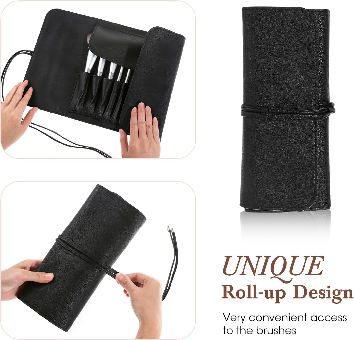 ULTECHNOVO Makeup Brush Case Travel, Makeup Brush Case Roll Up, Brush Holder Organizer Pouch Cosmetic Bag for Travel, Rolling Bag Storage Case PU Leather