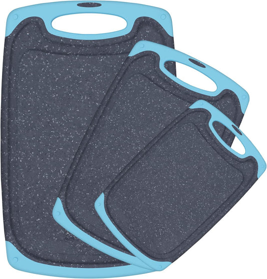 Viretang Plastic Cutting Boards Set of 3 Extra Large for Kitchen, Thick Chopping Board with Deep Juice Grooves, Non‑Slip Feet, Easy Grip Handle, BPA Free, Dishwasher Safe,Black