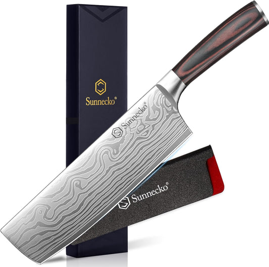 Sunnecko Japanese Nakiri Knife 7 Inch - 15° Edge Carbon Steel Chef Knife Full Tang Forged Blade Vegetable Cleaver with Sheath, Kitchen Gift for Home Cooks & Pros, Father's Day Box