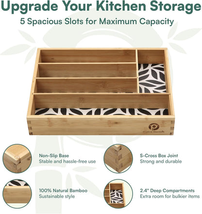Pristine Bamboo Silverware Organizer - Small Extra-Deep Wooden Kitchen Drawer Organizer Divider for Spoons, Forks, Knives & Cutleries - 5 Slots