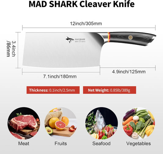 MAD SHARK Meat Cleaver, Professional 7.5 Inch Bone Chopping Butcher Knife with Heavy Duty Blade, German Military Grade Composite Steel, Chinese Chef's Bone Cutting Knife for Home Kitchen & Restaurant