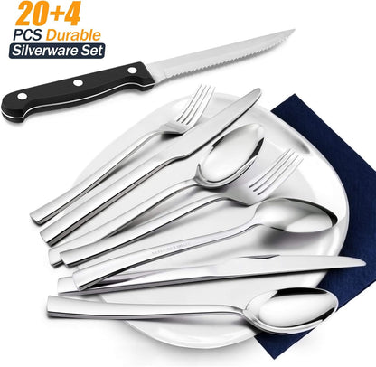 77-Piece Silverware Set with Steak Knives, Solid Stainless Steel Flatware Utensils, Modern Elegant Cutlery Tableware Set, Attach Serving Set, Mirror Polished, Dishwasher Safe-Service for 12