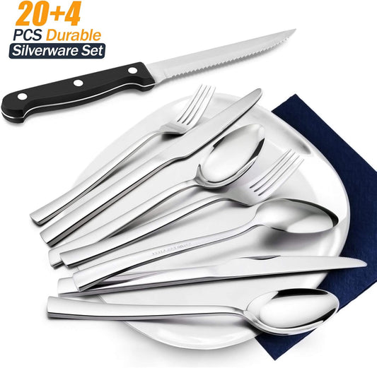 77-Piece Silverware Set with Steak Knives, Solid Stainless Steel Flatware Utensils, Modern Elegant Cutlery Tableware Set, Attach Serving Set, Mirror Polished, Dishwasher Safe-Service for 12