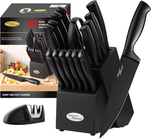 Marco Almond® Gold Knife Set, Knife Block Set MA21,Titanium Coated 14 Pieces Stainless Steel Chef Gold Kitchen Knife Sets with White Block