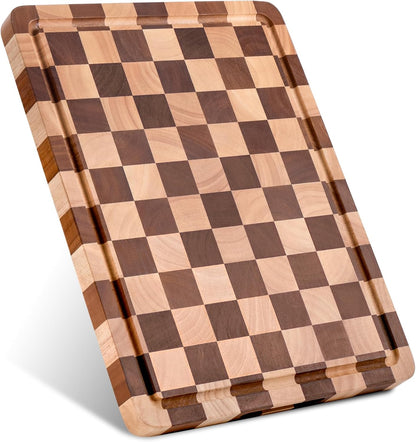 Checkered Cutting Board for Kitchen - Solid Wood End Grain Checkerboard Chopping Board with Handle & Juice Groove, Double Sided for Cooking, Serving and Decor, Rectangular 16" x 12" x 1"