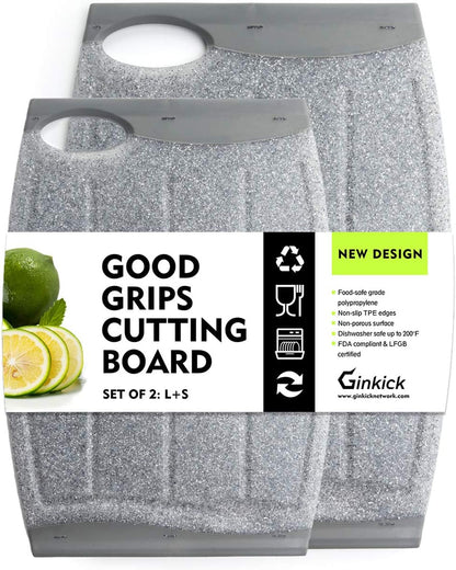 Small Plastic Cutting Board Set of 2, Mini Cutting Board for Small Kitchen Tasks, Non Slip Edges, Unique Design with Multiple Juice Grooves! BPA Free, Non-Porous, Dishwasher Safe (9.84" x 7.48")
