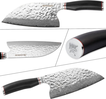 YOUSUNLONG Hybrid Cleaver 8 inch Meat Cleaver Outdoor Serbian Chef Knife-Japanese Damascus Steel - Natural Leadwood Handle with Leather