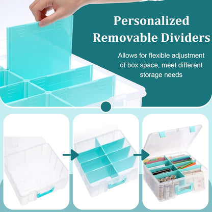 BTSKY Clear Plastic Dividing Storage Box with 4 Compartments Adjustable Storage Bin with Lid Plastic Craft Storage Container Multipurpose Sewing Box Art Supply Organizer, 13.3x8.1x3.4 Inches