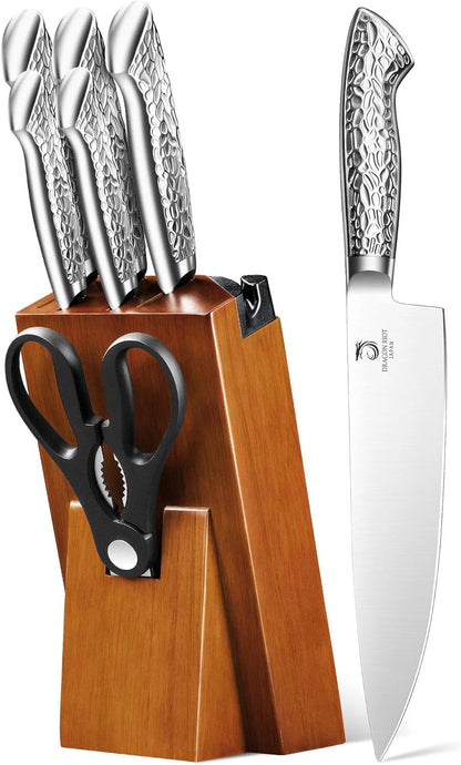 DRAGON RIOT Knife Set with Wood Block - Stainless Steel Kitchen Knives Block Set with Built in Sharpener, Dishwasher Safe, Non-Slip Ergonomic Handle - Gift for Men Women and Housewarming