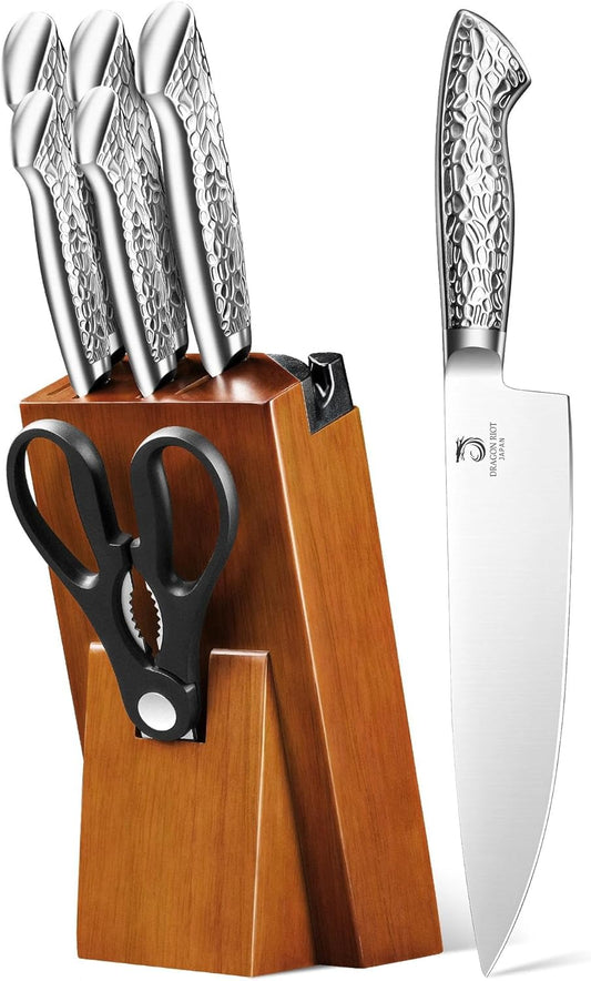 14 PCS Knife Set with Wood Block - Stainless Steel Kitchen Knife Block Set with Built in Sharpener, Dishwasher Safe, Rust Resistant, Non-Slip Ergonomic Handle - Gift for Men Women and Housewarming