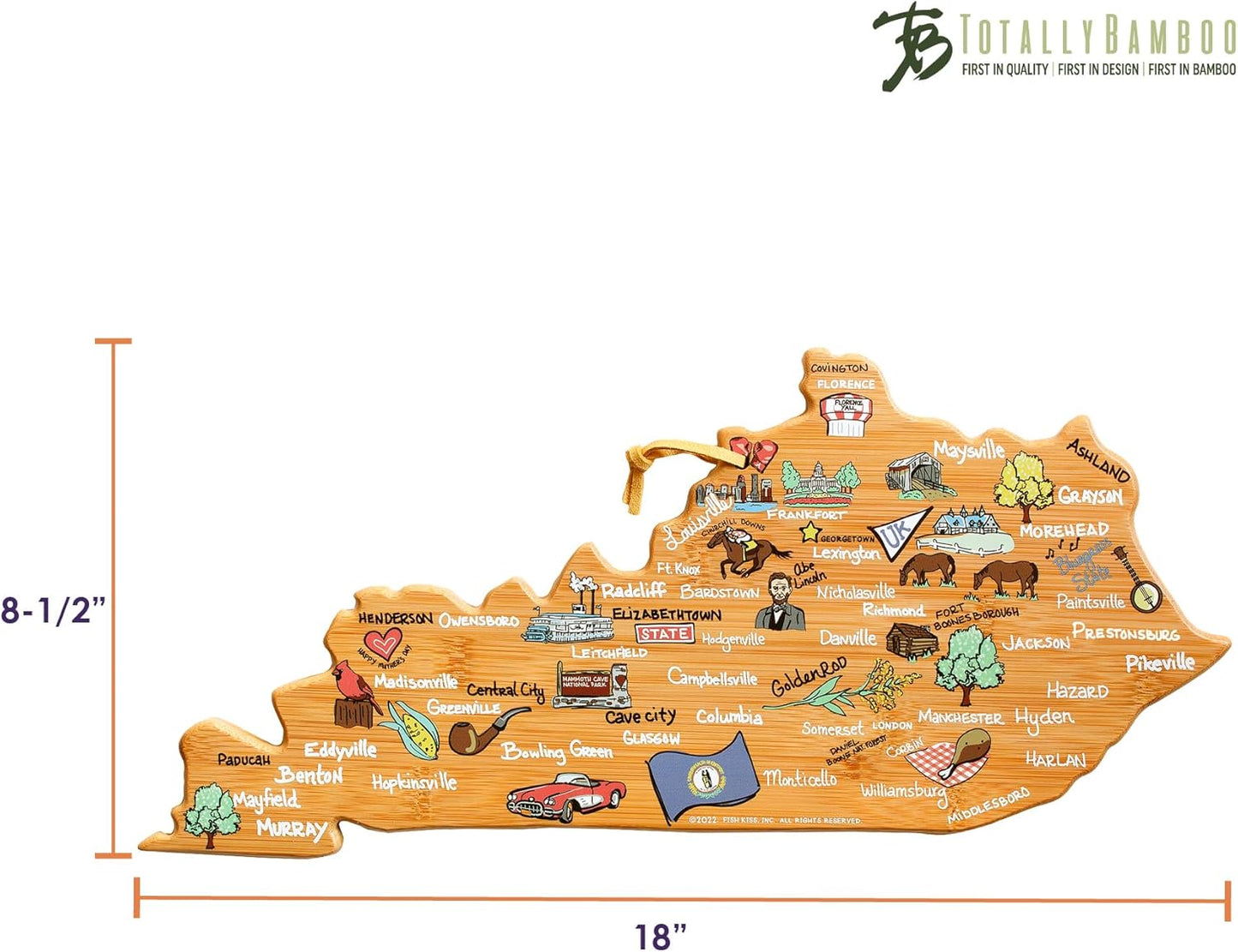 Totally Bamboo Tennessee State Shaped Cutting Board and Charcuterie Serving Platter with Artwork by Fish Kiss, Includes Hang Tie for Wall Display - Colors A