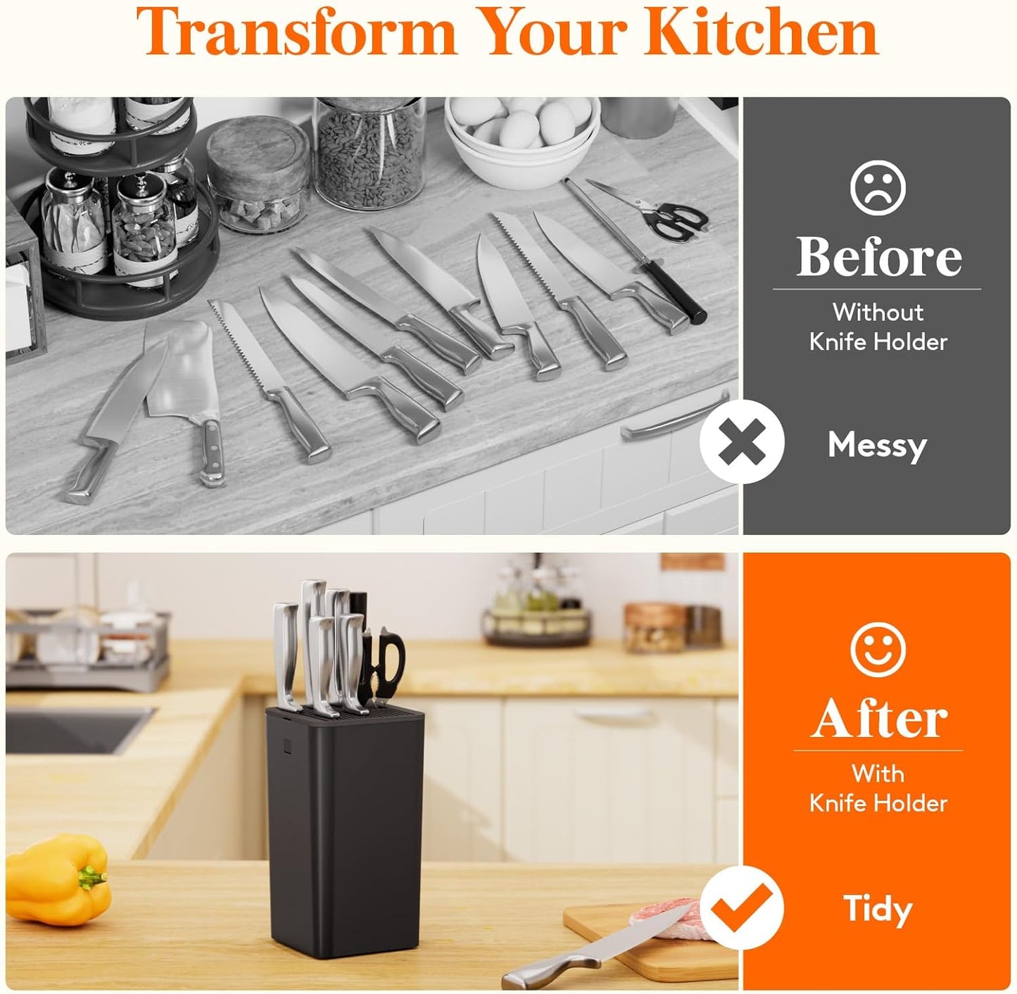 Lifewit Knife Block without Knives, Plastic Universal Knife Block Holder with Detachable Slots, Hold Up to 15 Knives, Scissors, and Sharpening Rods, Kitchen Storage Organizer for Counter, Black