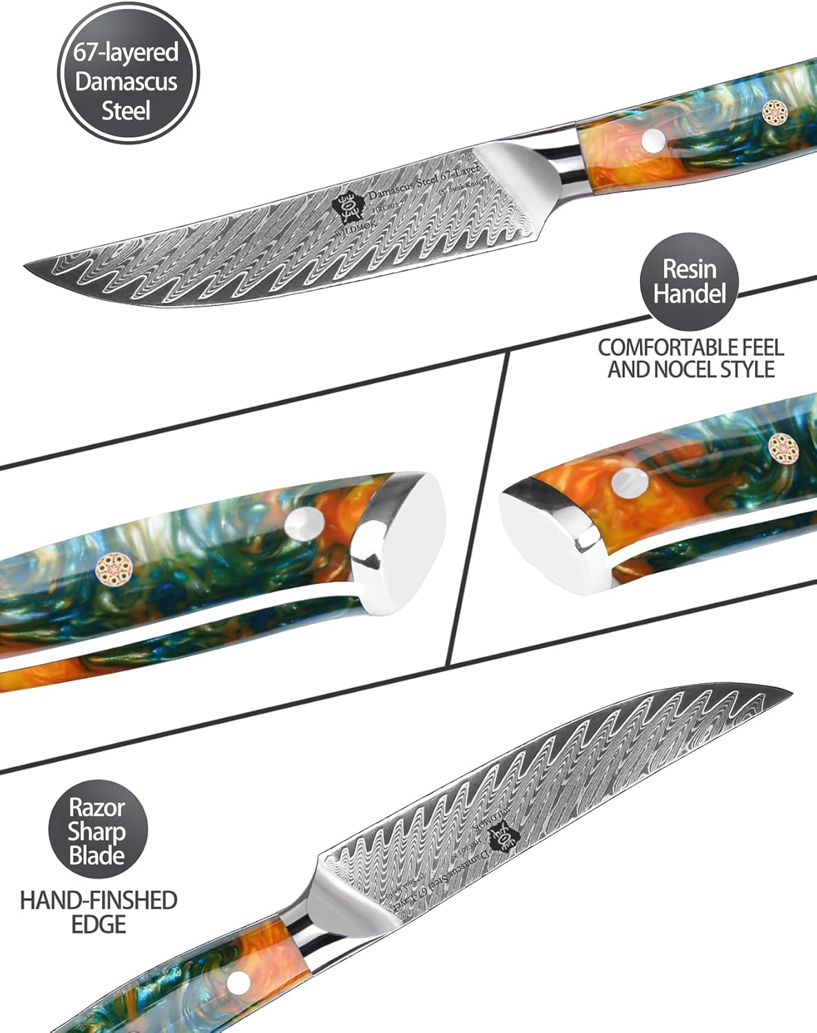WILDMOK Steak Knife Set 4pc Full Tang 5 inch Forged Damascus Steel Dinner Knives Full Tang Ergonomic Beautiful Resin Handle