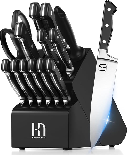KnifeSaga Kitchen Knife Block Set, 15-Piece Enduring Ultra Sharp Knife Set, Japanese High Carbon Stainless Steel, Premium Forged Knives for Kitchen and Professional Chefs, White