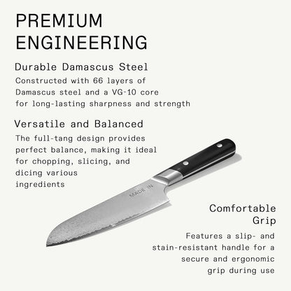 Made In Cookware | 6" Japanese Damascus Steel Santoku Knife | 66 Layers of Damascus Steel with a VG-10 Core | Crafted in Japan | Full Tang With Black POM Handle