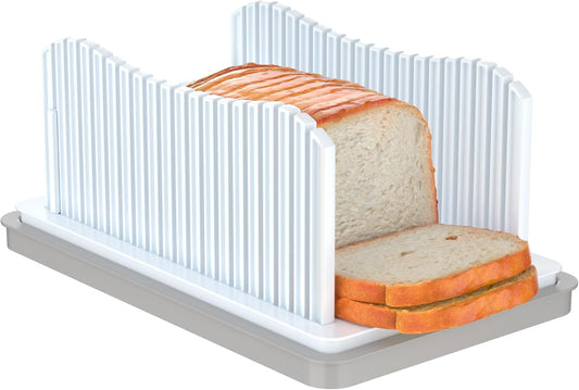 CAWIU Bread Slicer for Homemade Bread, Foldable Bread Cutter with Crumb Tray, Adjustable Width Bread Slicing Guide for Loafs, Sandwiches, Bagels, and Cakes