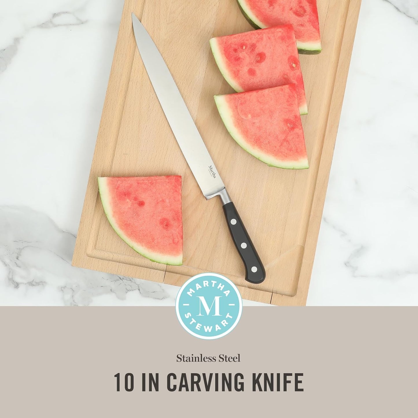 Martha Stewart Carverton 10" Hollow Edge Slicer Knife, High Carbon Stainless Steel Kitchen Knives w/Black Triple Riveted Handle