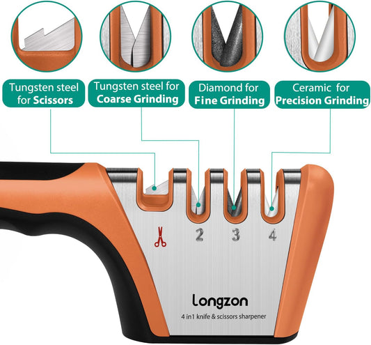 Longzon 5-in-1 Knife Sharpener 4 Stage with Cut-Resistant Glove, Quickly Sharpens & Restores Dull Blades, Easy & Safe for Home Kitchen Use, Fits Most Knives and Scissors, Black+Silver