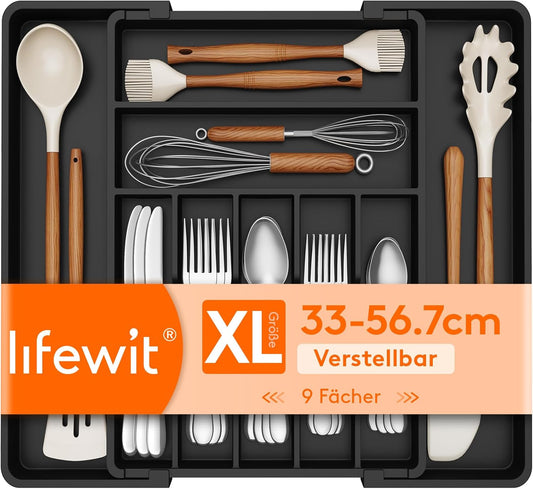 Lifewit Silverware Drawer Organizer, Expandable BPA Free Plastic Utensil Tray for Kitchen, Adjustable Flatware Cutlery Holder for Spoons Forks Knives, 21.3- 36 x 16.9", Black