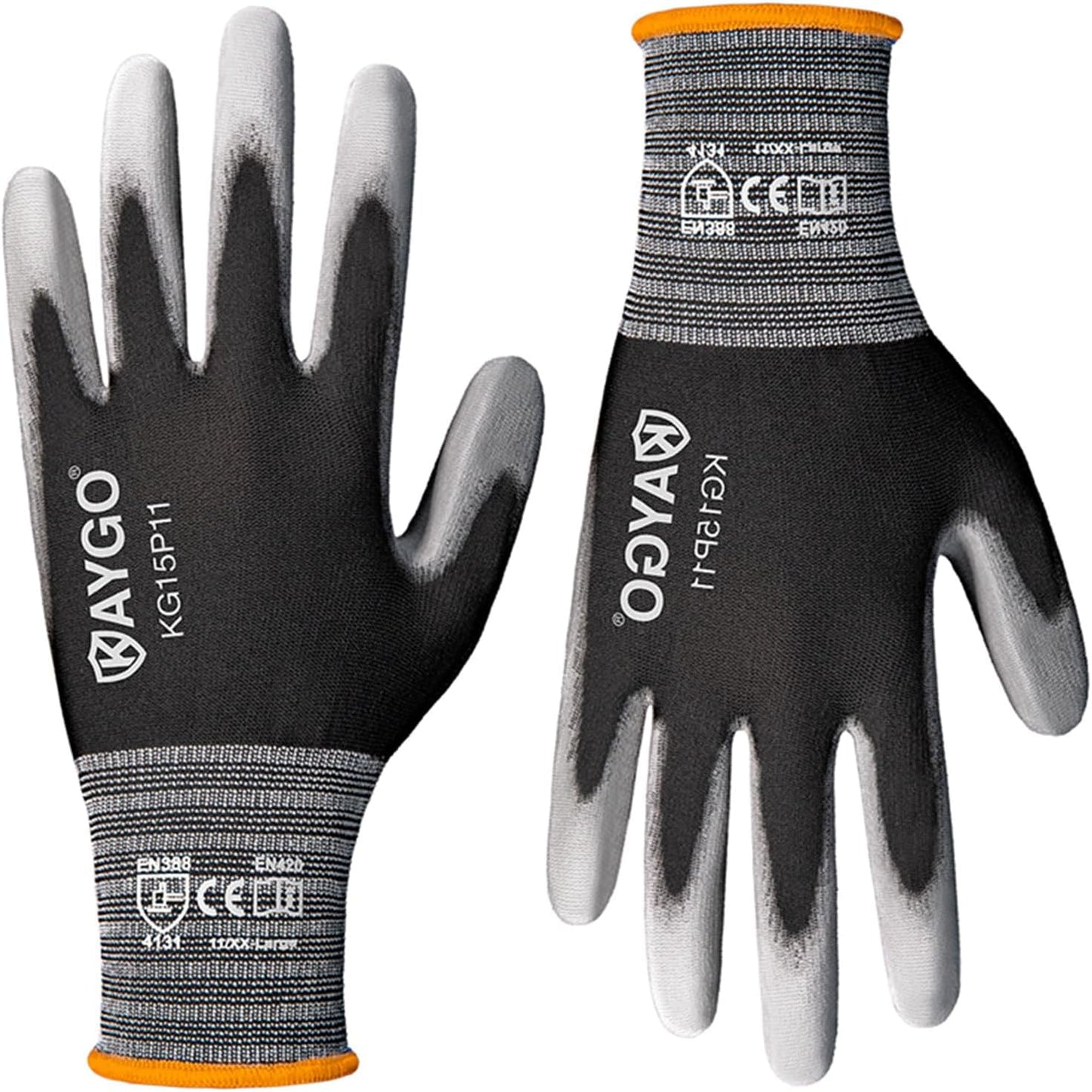 KAYGO Ultra Thin PU Coated Safety Work Gloves, 12 Pairs Nylon Knit, High Dexterity Anti-Slip Breathable Light Duty Gloves for Precision, Warehouse, DIY & Electronics (L,Gray)