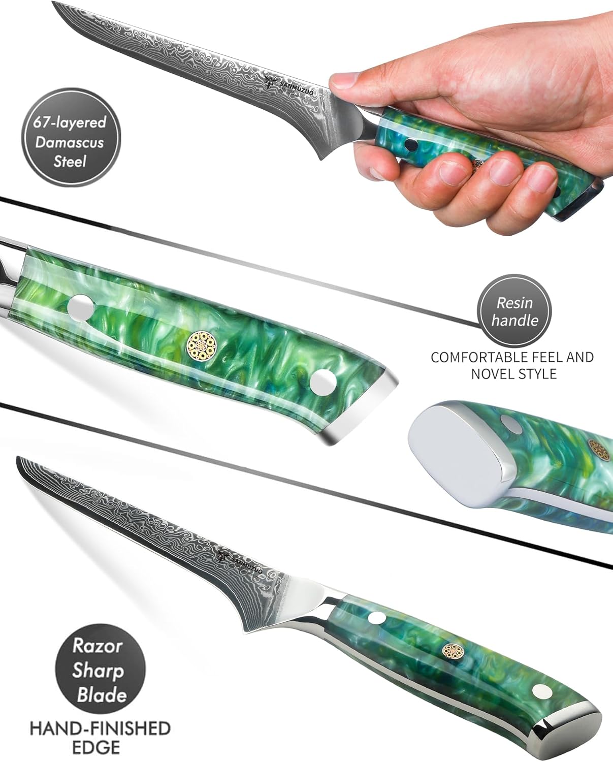 7 inch Fillet Knife, VG10 Damascus Steel Fish Boning Knife with Resin Handle - Xuan Series (Sunset Red)