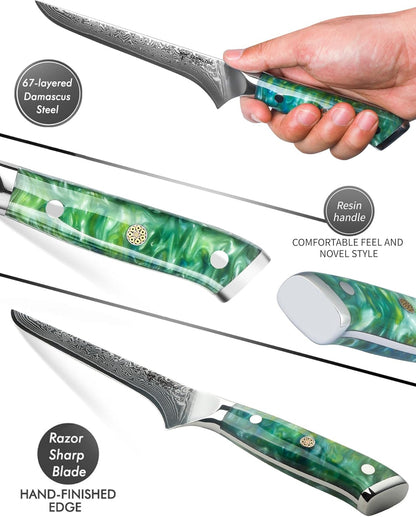 7 inch Fillet Knife, VG10 Damascus Steel Fish Boning Knife with Resin Handle - Xuan Series (Sunset Red)
