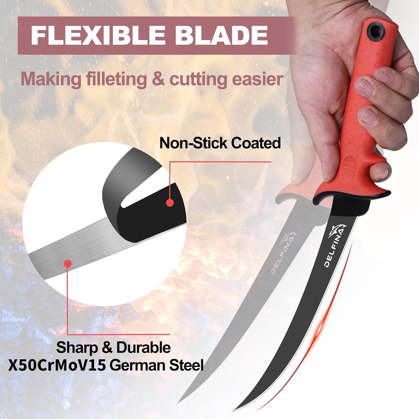 DELFINA 9 inch Fillet Knife For Fish, Ergonomic Soft Handle & Sheath, German Steel, Ideal for Filleting & Deboning