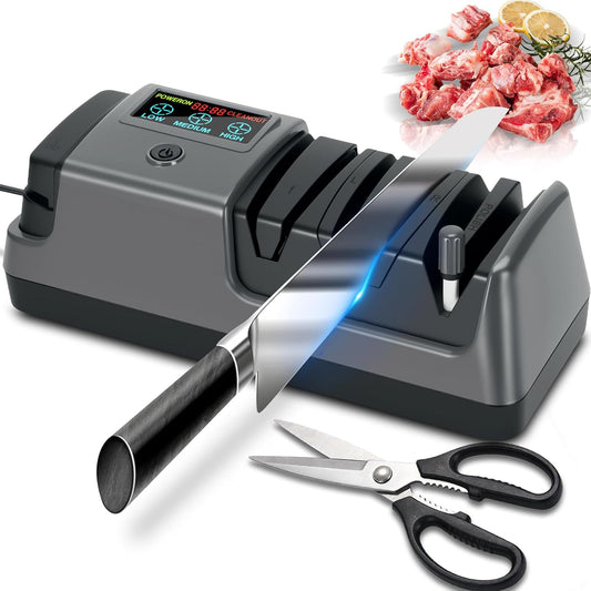 5 in 1 Electric Knife Sharpener for Kitchen Knives, 3 Adjustable Speed, 100% Diamond Knife Sharpener for Straight, Scissors, Serrated & Ceramic Knives, Light Blonde