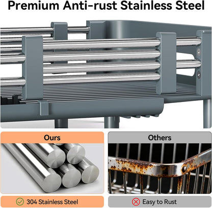 Urackify Stainless Steel Dish Drying Rack - Dish Drainer for Kitchen Counter, Extendable Drainboard with Foldable, Space-Saving Cup & Bowl Organizer, Includes Knife and Utensil Holder, Matte-Green
