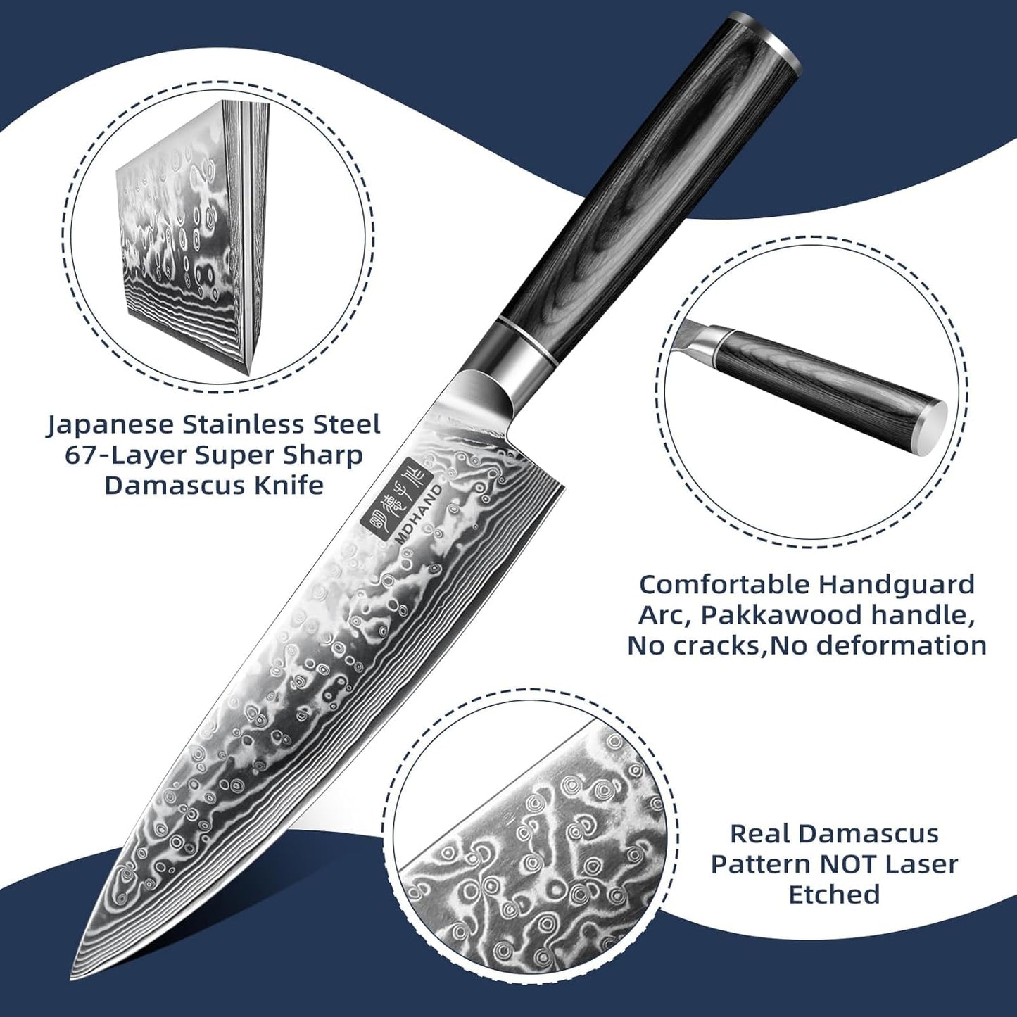 MDHAND Chef Knife 8 Inch, Professional Kitchen Knife, VG10 Steel Japanese Knife with Ergonomic Pakkawood Handle, Ultra Sharp Cooking Knives for Home Kitchen, Gifts for Men and Women