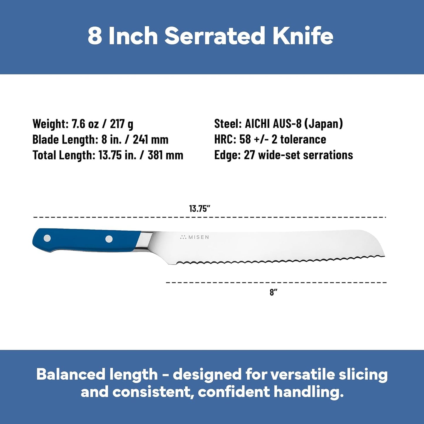 Misen Serrated Bread Knife - High-Carbon Japanese AUS8 Steel - Perfect for Soft Foods, Bread, Pastries, and Fruits - Verstatile Slicer, Razor-Sharp Edge, Durable Blade, Ergonomic Handle - 5", Blue