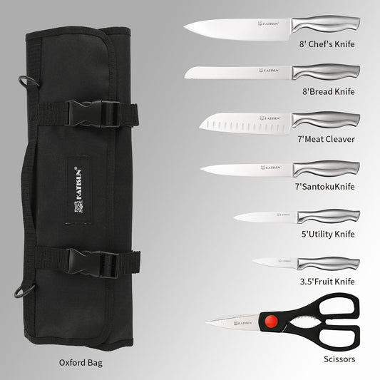 Knife Set Roll Bag, 8 Pieces German High Carbon Stainless Steel Chef Knives with Hollow Handle, with Portable Knife Roll Storage Bag, Blade Guards, Kitchen Shears for Outdoor Camping Travel