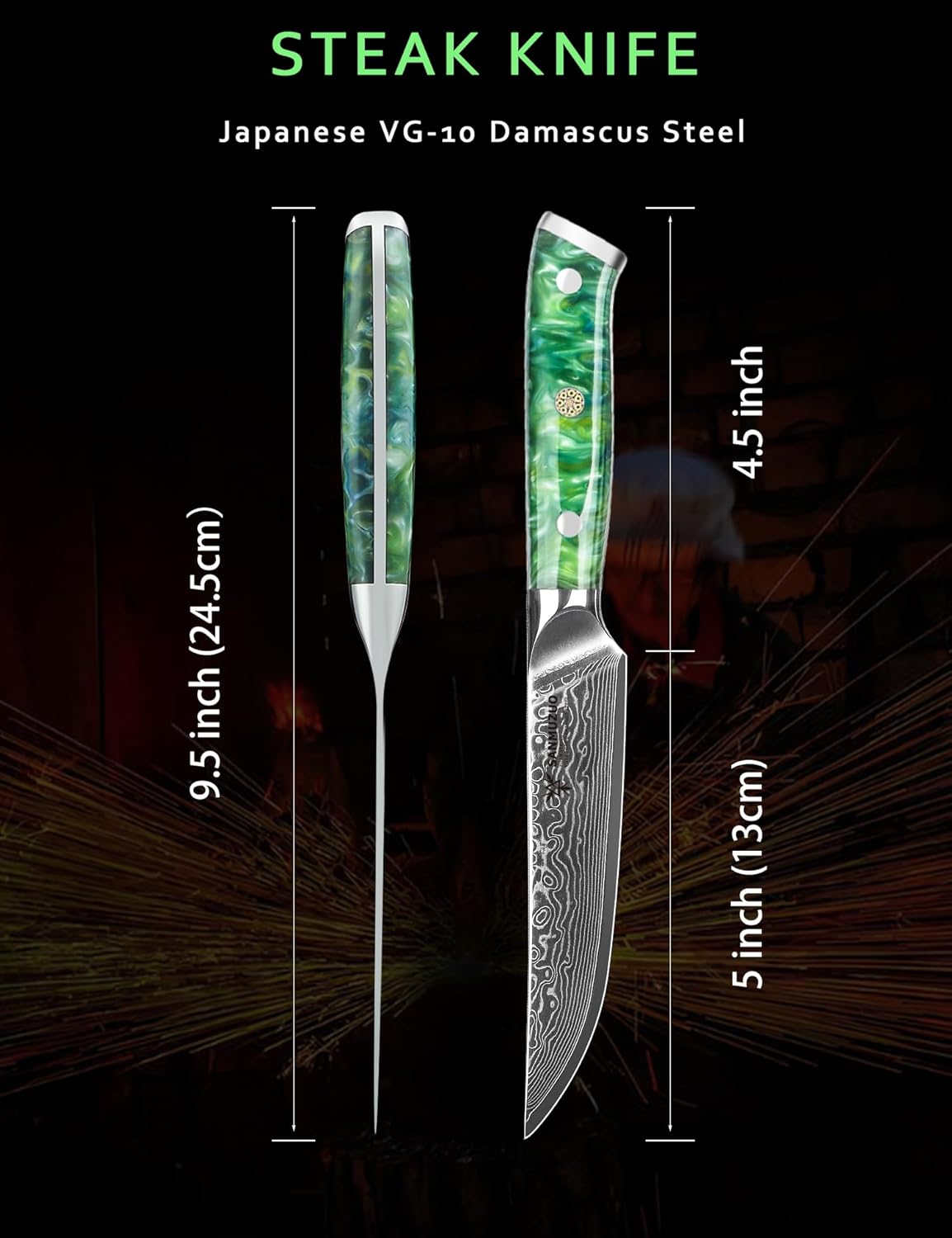 Steak Knives Set of 4, Ultra Sharp Non Serrated Kitchen Steak Knife 5 Inch - Damascus Steel & Resin Handle - Xuan Series (Sapphire Blue)