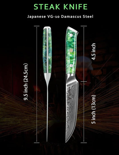 Steak Knives Set of 4, Ultra Sharp Non Serrated Kitchen Steak Knife 5 Inch - Damascus Steel & Resin Handle - Xuan Series (Sapphire Blue)